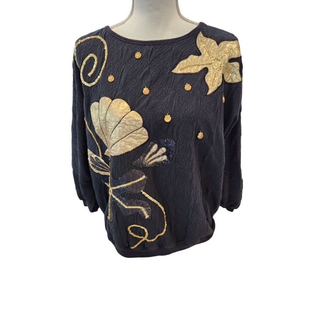 Vintage 80s Black Gold Seashell Sweatshirt XL Dangling Shells Applique